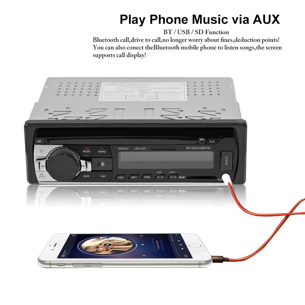 Car FM and MP3 MP4 Bluetooth Stereo Radio Receiver Aux with USB Port and SD Card music Universal player JSD520