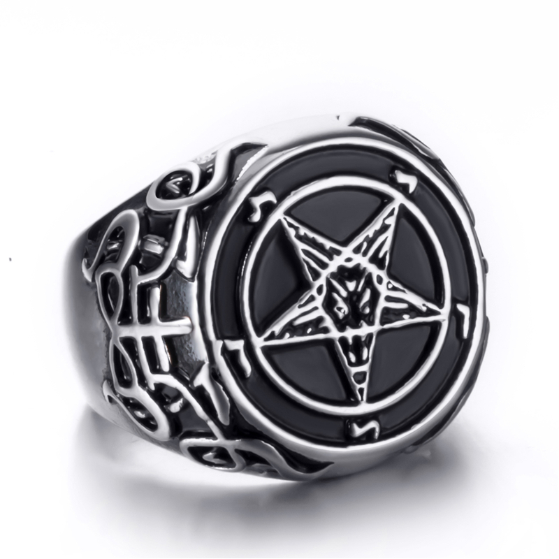 Elfasio Heren Rvs Ring Baphomet Geit Pentagram Satanisch Leviathan Cross Demon Ster Biker Sieraden Maat 7-15