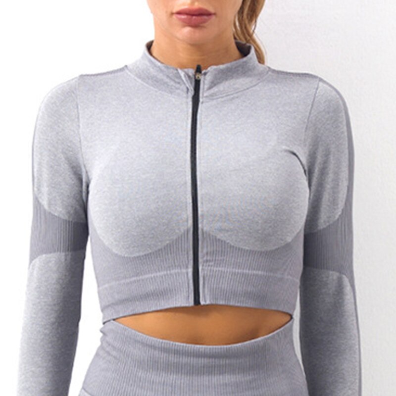 Womens Lange Mouwen Sport Tops Vrouw Gym Crop Top Vrouwelijke Sport Top Fitness Vrouwen Naadloze Workout Top Jas Actieve yoga Wear: Gray / S