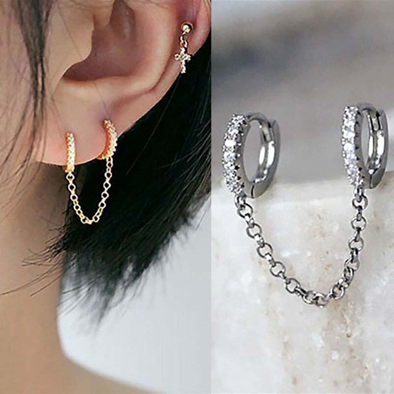 1Pc Zwei Loch Hoop Ohrring Kristall Zirkon Punk Hip Hop Ohrringe Gold Piercing Schmuck für Frauen Zubehör Mädchen: SilverA