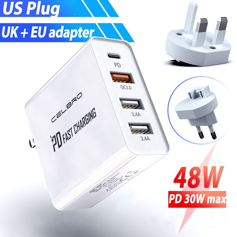 48W Multi Usb Pd Charger Quick Charge 3.0 Snelle Telefoon Oplader Voor Samsung Galaxy S20 Ultra Note 20 10 plus Iphone 12 Pro Laders: EU UK US Plug 3 in 1