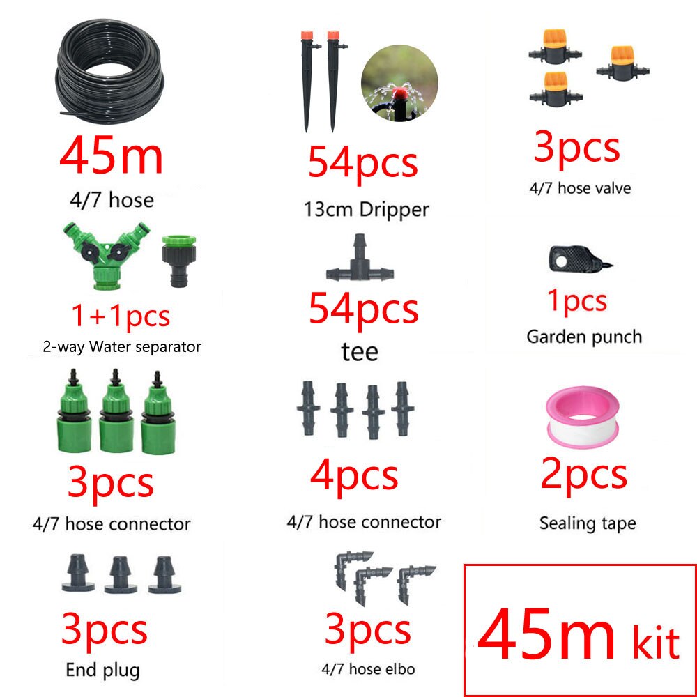 1/4" Hose Drip Irrigation System 360 Degree Adjustable 8 Hole Sprinkler Kit Garden Watering Inserting Ground Micro Flow Dripper: 45M