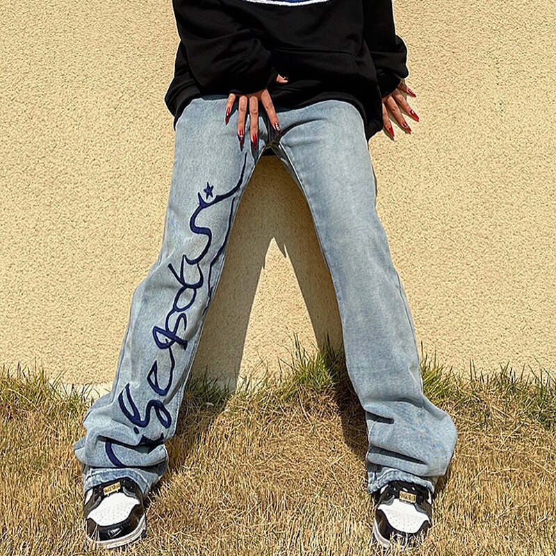 Harajuku – jean déchiré pour hommes et femmes, coupe trouée, lettre rétro, décontracté, poches délavées, droit, Baggy, pantalon en Denim, Streetwear