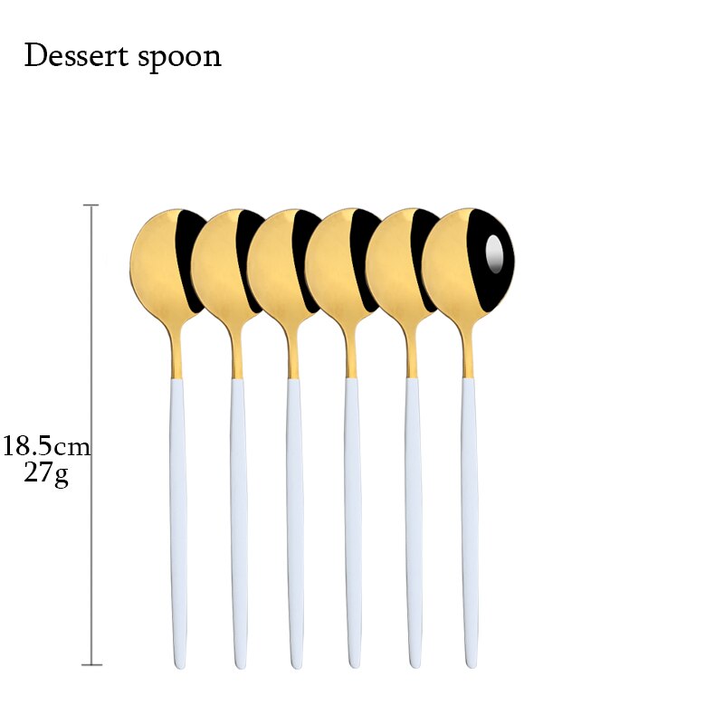 6Pcs White Gold Cutlery Set Stainless Steel Dinnerware Set Spoons Tableware Forks Cutlery Flatware Set Knives Spoons Mirror: Dessert spoon