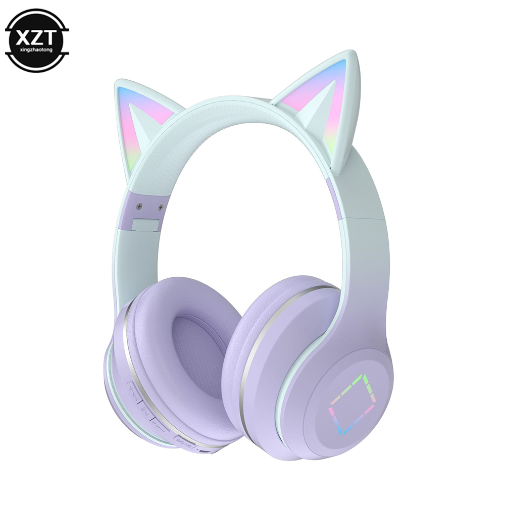 Headset Bluetooth 5.1 Draadloze Gamer Schattige Kat Oor Koptelefoon Met Microfoon Rgb Led Licht Voor Kinderen Pc Gamer Laptop Oordopjes: green