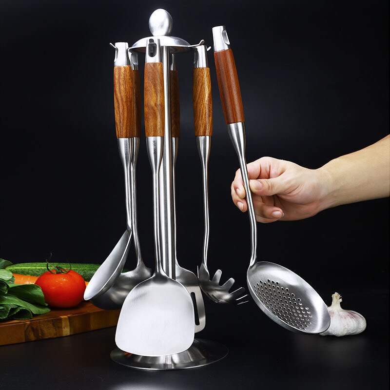 Rosewood Handle Wok Spatula Slotted Turner 304 Stainless Steel Utensil Set Kitchen Cooking Tools cocina utensilio