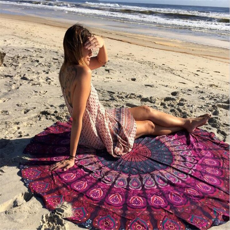 Toalla de playa redonda de gasa y poliéster de 150cm, junto al mar para vacaciones Toalla de playa, chal de baño, Toalla de baño con estampado de cola real grande para playa