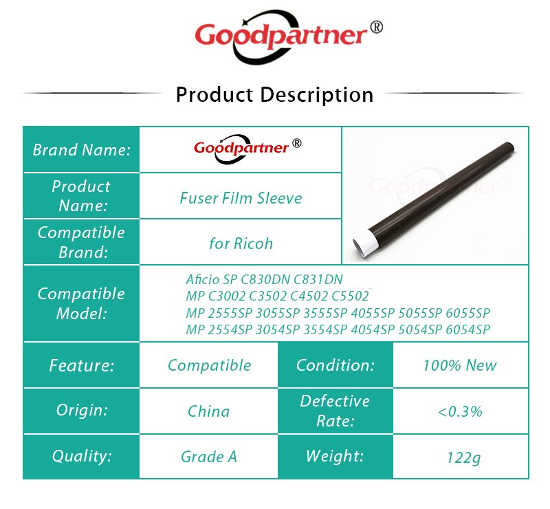 1X Fuser Film Ärmel für Ricoh Aficio SP C830 C831 MP C3002 C3502 C4502 C5502 2554 3054 3554 4054 5054 6054 2555 3055 3555 SP