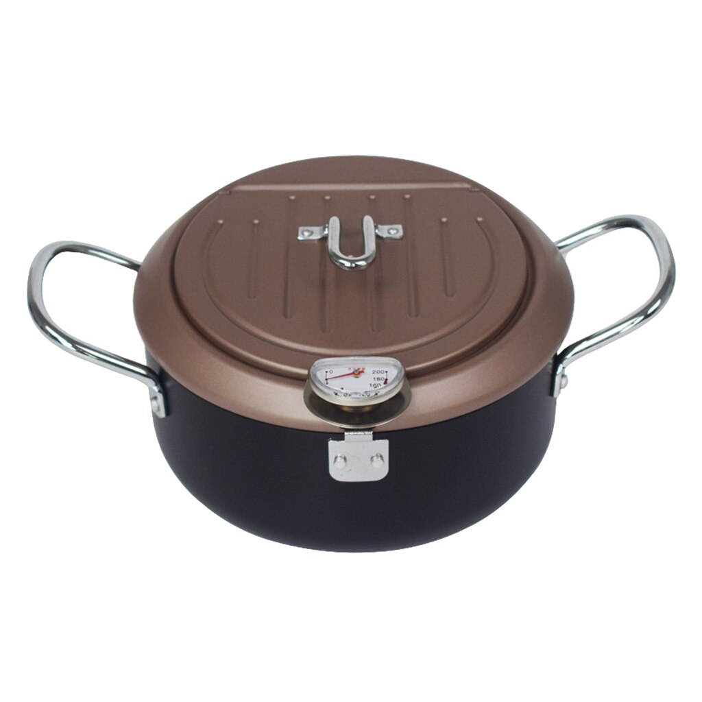 2 griff Pfanne mit Thermometer Runde Friteuse Topf Abtropffläche Küche Kochen Pfanne für Heimat Ourdoor Camping Party BBQ: 20cm