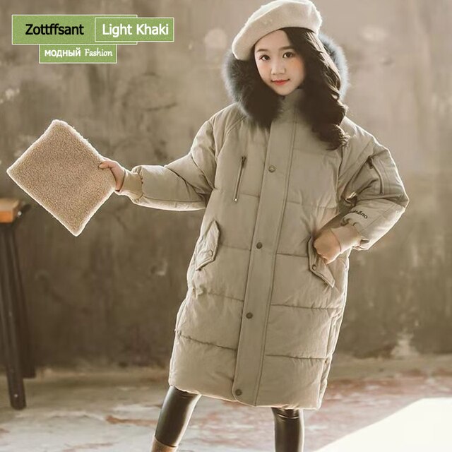 Cappotto invernale 2022 nuova giacca imbottita in cotone sciolto giacca da bambina imbottita in cotone imbottito medio e lungo per ragazze: as see Light khaki / Size 130
