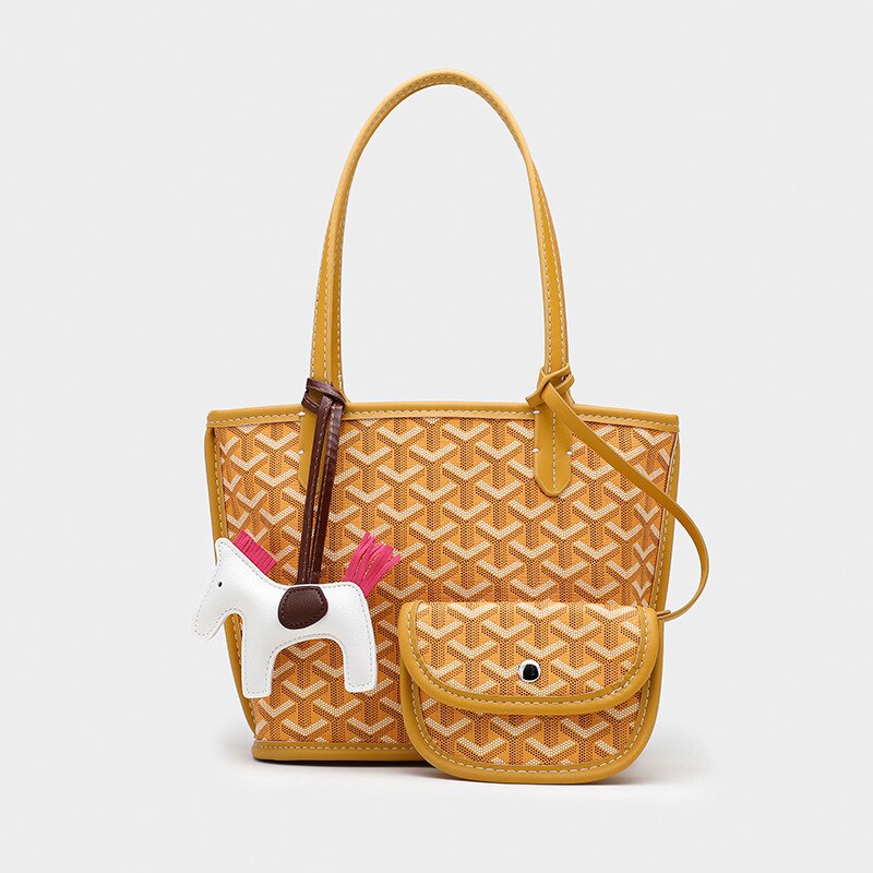 Style Korea Trendy Dog Tooth Tote Bag Size Picture-Mother Bag Waterproof PU Large-Capacity Shopping Bag: Small yellow