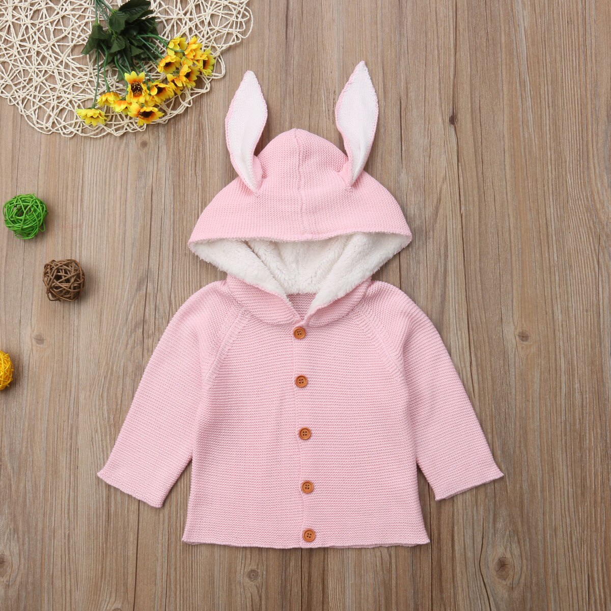 Neue Kleinkind Baby Mädchen Junge 3D Hase Ohren Mit Kapuze Lange Hülse Einreiher Solide Strick Mäntel Winter Warme Jacke Mantel