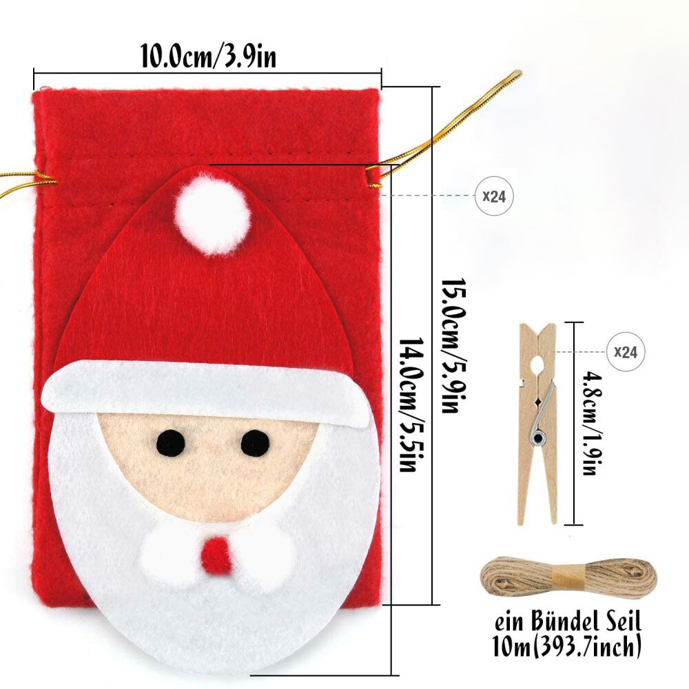 Adventskalender 24 kerstman tassen met cijfers kerstkalender stoffen tassen om zelf te versieren adventskalender