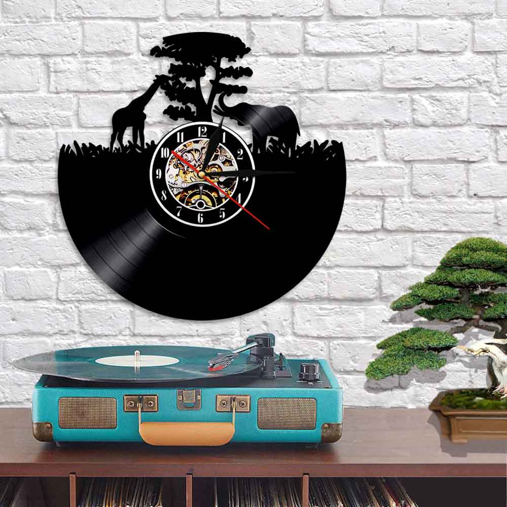 Griaffe Elephant Vinyl Wall Clock Africa Animal Handmade Craft Clock With LED Backlight Nursery Decor For Kids