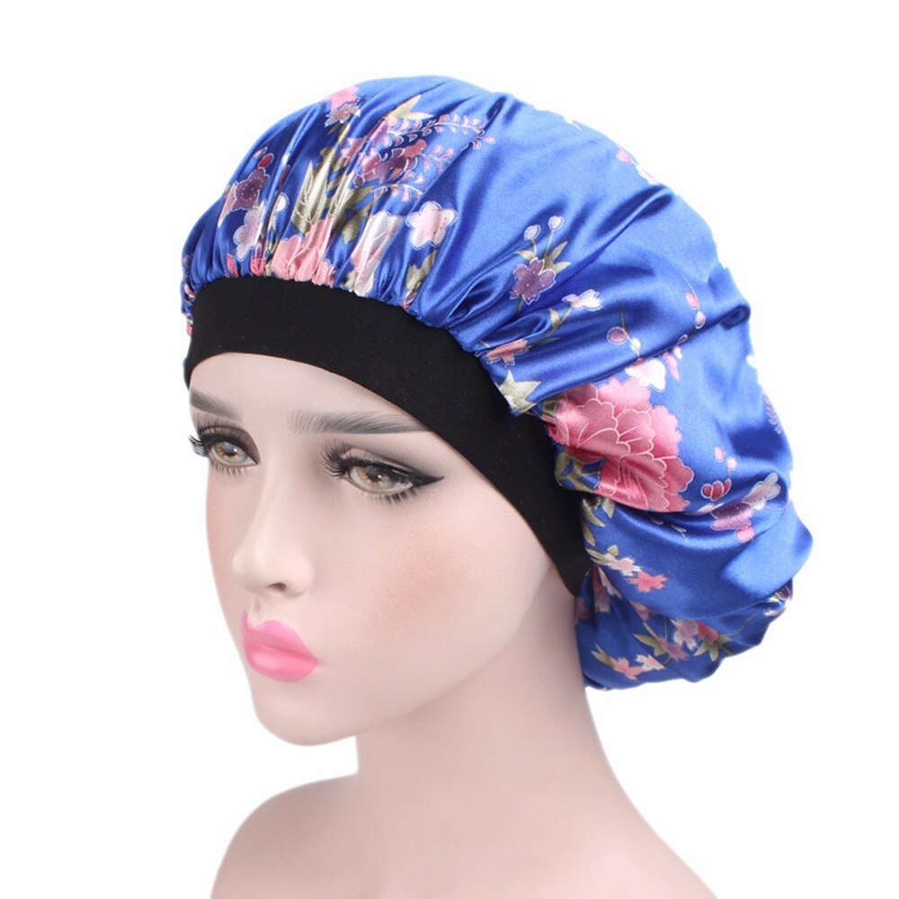 58 Cm Mode Vrouwen Satijn Nachtrust Cap Haar Motorkap Hoed Douche Caps Zijde Head Cover Brede Elastische Band: royal blue flower