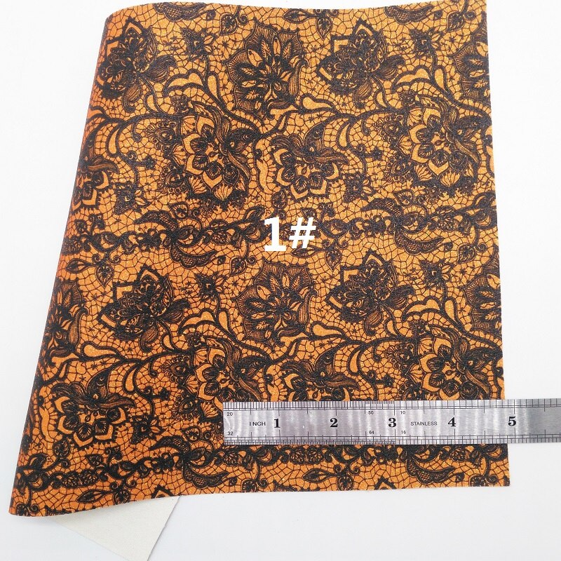 Cuero con purpurina naranja, tejido brillante con flores de encaje, hoja de tela sintética de serpiente para lazo de 21x29CM, centelleante, KM312: 1