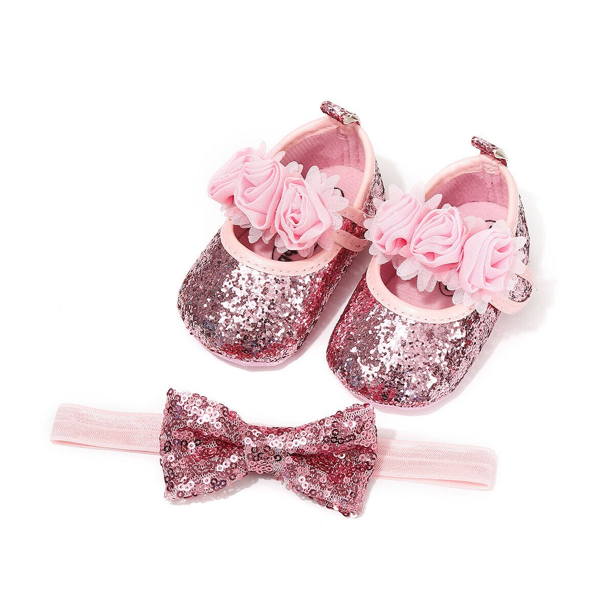 Pudcoco bowknot paljetter barn bebis flicka fest första rullatorer + hårband spädbarn mjuk sula spjälsäng skor 0-18m flicka födelsedag: Rosa / 7-12 månader