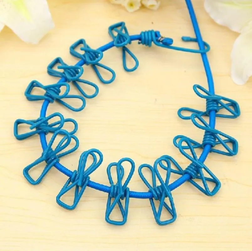 Portable Clothing Clothesline with 12 Clips Retractable Laundry Dryer Clothes Rope Drying Rack Cloth Hanging Line for Outdoor