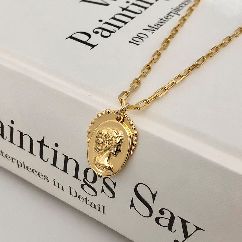 S925 Sterling Silver Jewelry Original Portrait Double-Sided Pendant Clavicle Necklace Personality Light Luxury Necklace Chain: Pendant Necklace