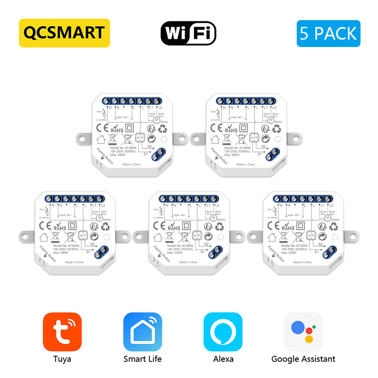 QCSMART Modulo interruttore tenda WiFi per motori persiane Controllo percentuale Tuya Voce di Google Alexa Funziona con spedizione veloce: Bundle5