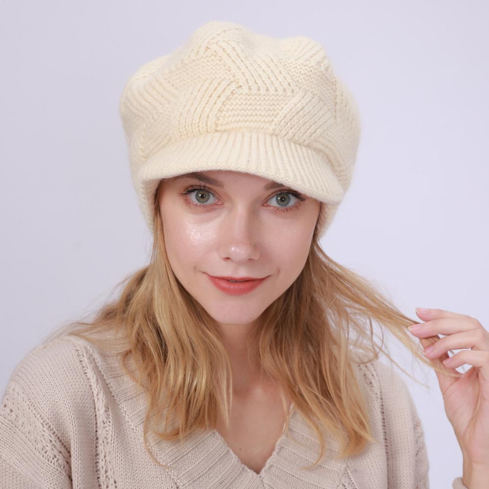 Chapeaux en laine tricotée Skullies, 1 pièce, bonnets de cyclisme en plein air en poils de lapin pour femmes, visières chaudes en polaire, couleur unie: Beige