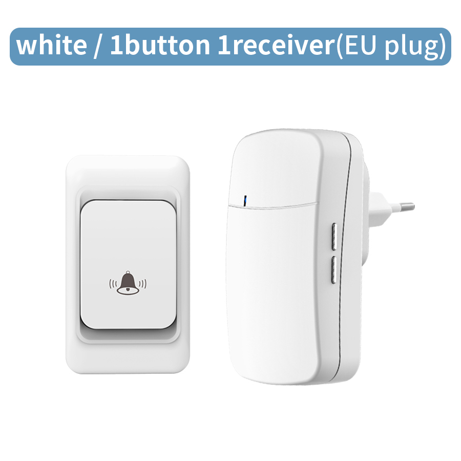 Timbre inalámbrico RF de 433MHz, Kit de timbre para casa, 100M de larga distancia, 38 tonos de llamada, timbre de puerta, enchufe europeo y estadounidense, botón receptor, Control remoto: Blanco