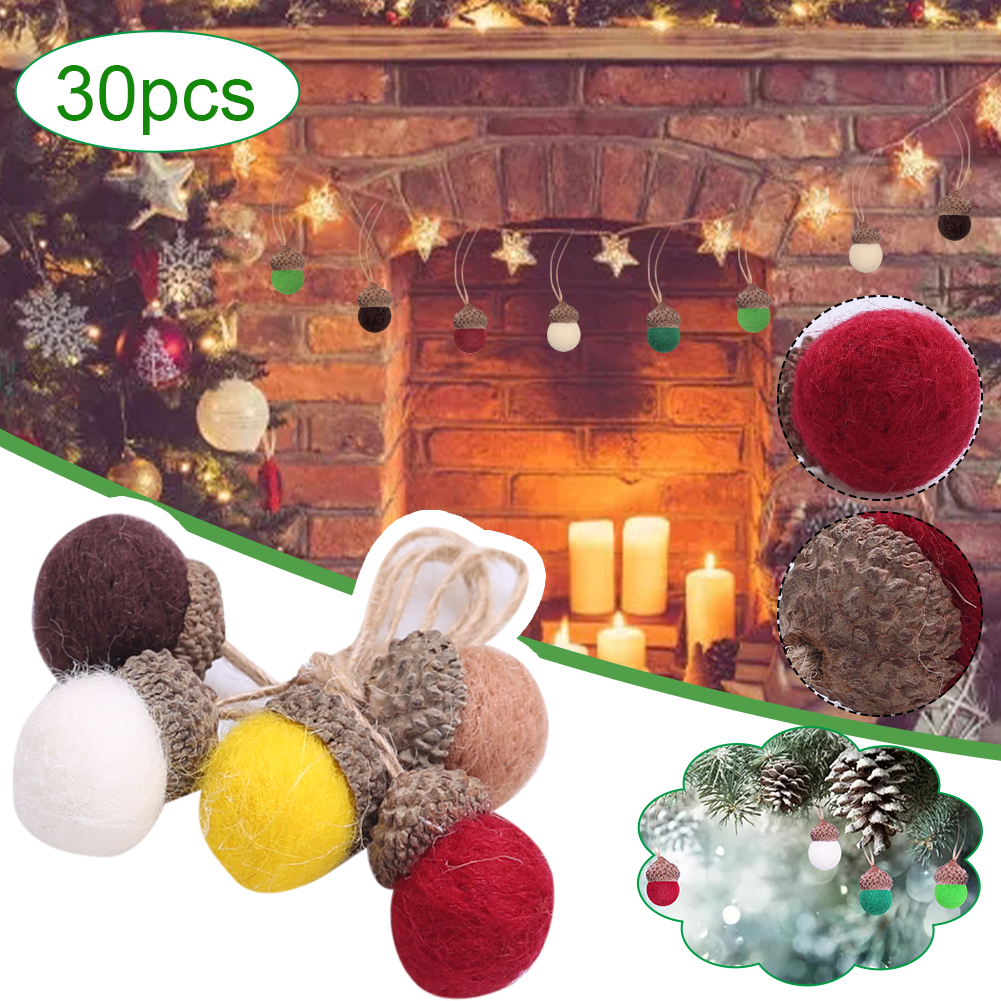 Adornos colgantes de bellota de fieltro de 30 piezas, bolas de fieltro de lana con cuerda de lino, árbol de Navidad de granja para decoración rústica, pared, en casa