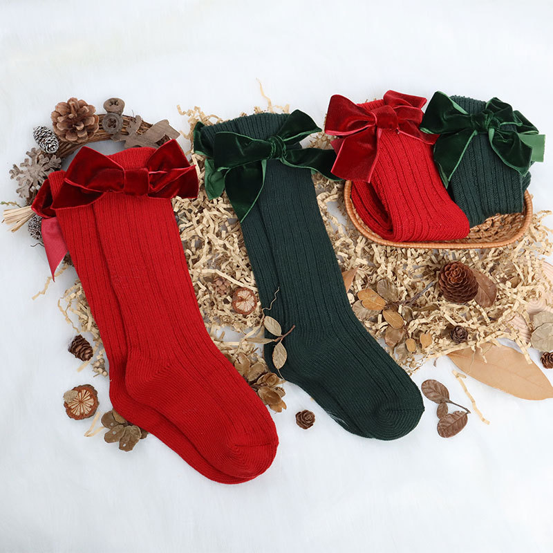 Calzini natalizi per bambina calzini per bambini in cotone con fiocco grande calzino alto scaldamuscoli in lana solida calzini lunghi morbidi per bambini