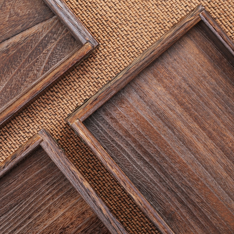 Japanese Style Paulownia Wood Serving Tea Tray Fruit or Food Tray Metal Edge Rectangular Solid Wood