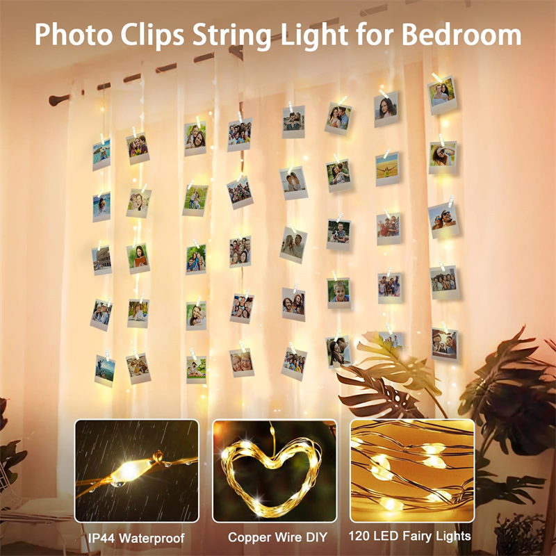 Guirnaldas de cortina con Clip para fotos, LED USB con 20 ganchos, 8 modos de luces para pared, dormitorio, , boda, decoraciones navideñas DIY
