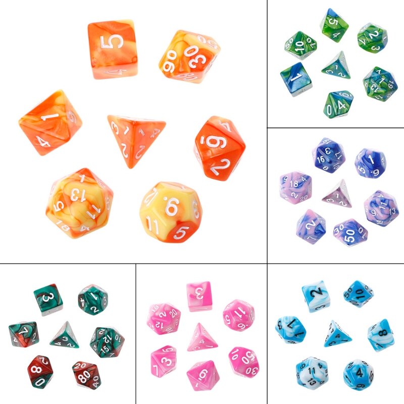 7 pçs/set polyhedron 2-cores d & d dados com efeito marbled d4 d6 d8 d10 d10 % d12 d20 preto vermelho azul cor clara jogar dado