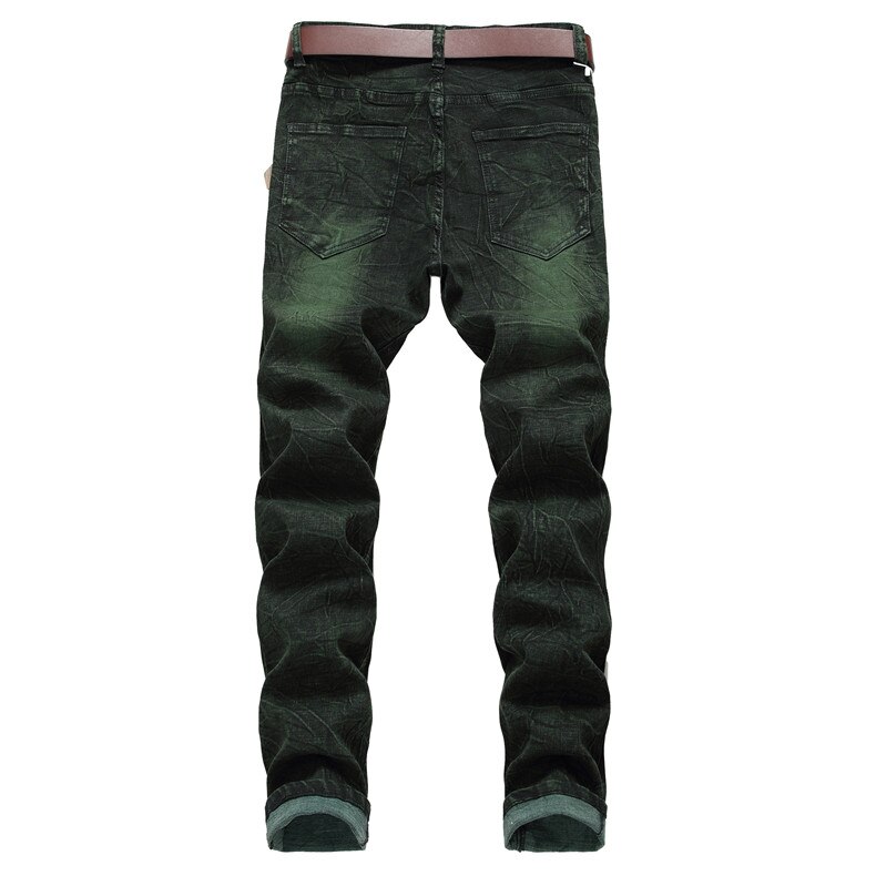 Los hombres de los pantalones vaqueros verde Hip Hop pantalones vaqueros de motorista delgados destruido Fry copos de nieve Slim Fit pantalones de elástico Streetwear 6671