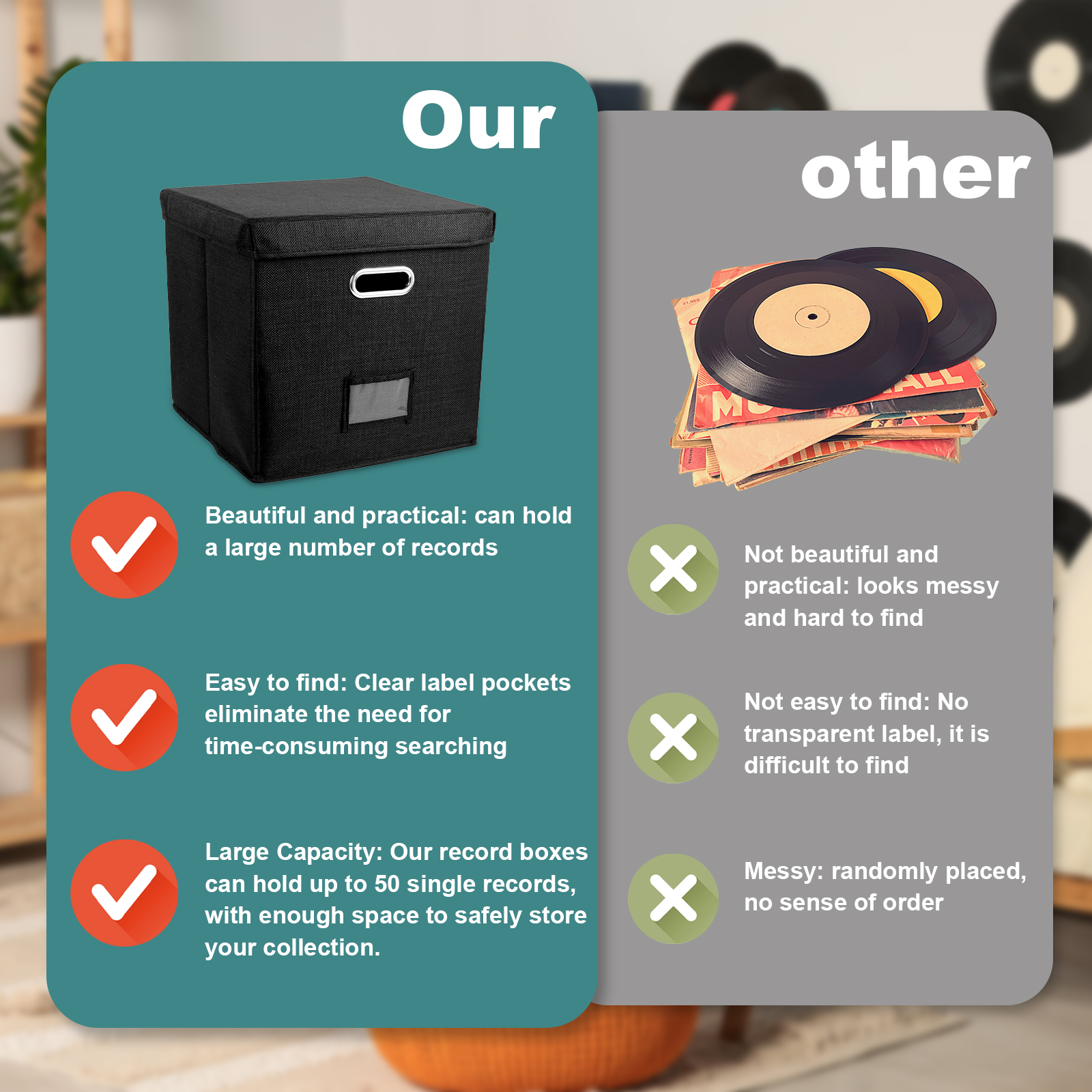 Contenedor de almacenamiento de discos de vinilo plegable, caja organizadora de almacenamiento de álbumes apilable con tapa, capacidad para 50 álbumes, registro práctico para armario