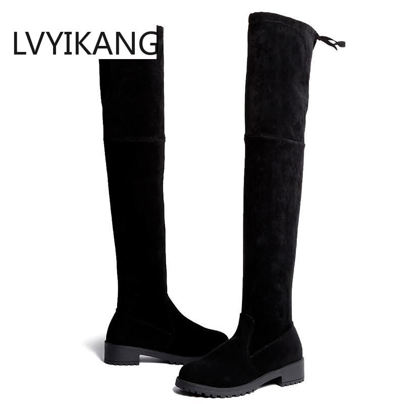 Bottes noires au dessus du genou pour femme, chaussures Sexy, cuissardes hautes, bout rond, automne hiver