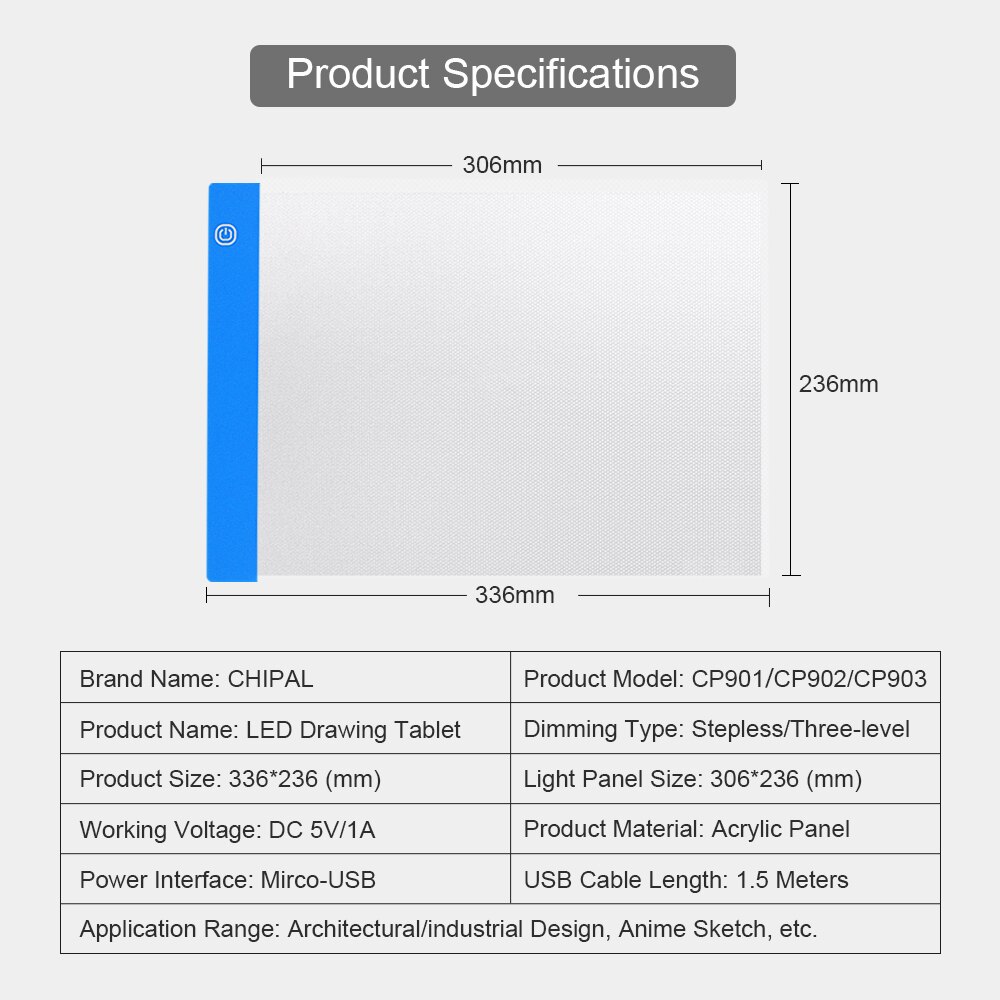 CHIPAL Digital A4 Drawing Tablet Graphics Tablets USB Dimming LED Light Box Electronics Art Diamond Painting Writing Copy Board