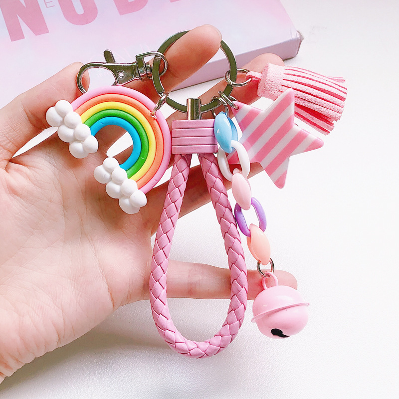 Porte-clés arc-en-ciel mignon, bracelet en cuir, corde tressée, pompon, pour femmes et filles, cloche étoile, sucette, accessoires de sac,: P4 / 27