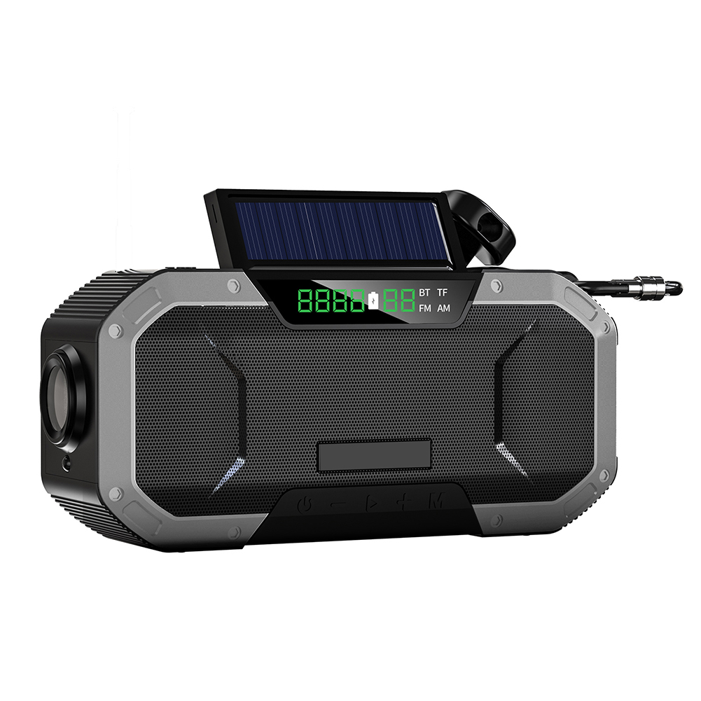 Multifunctional Portable BT5.0 Speaker Hand Crank Solar Radio AM/FM Solar Hand Crank Radio Emergency Weather 5000mAh Power Bank: Dark Grey