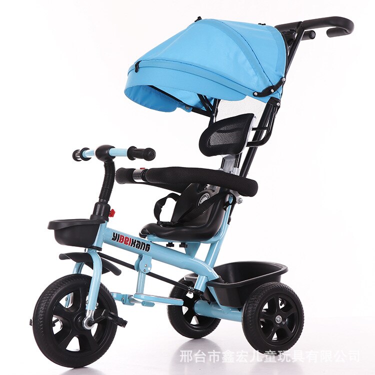 Barn trehjulet baby vogn skub med hætte baby klapvogn 4 in1 trike lille cykel: Blå