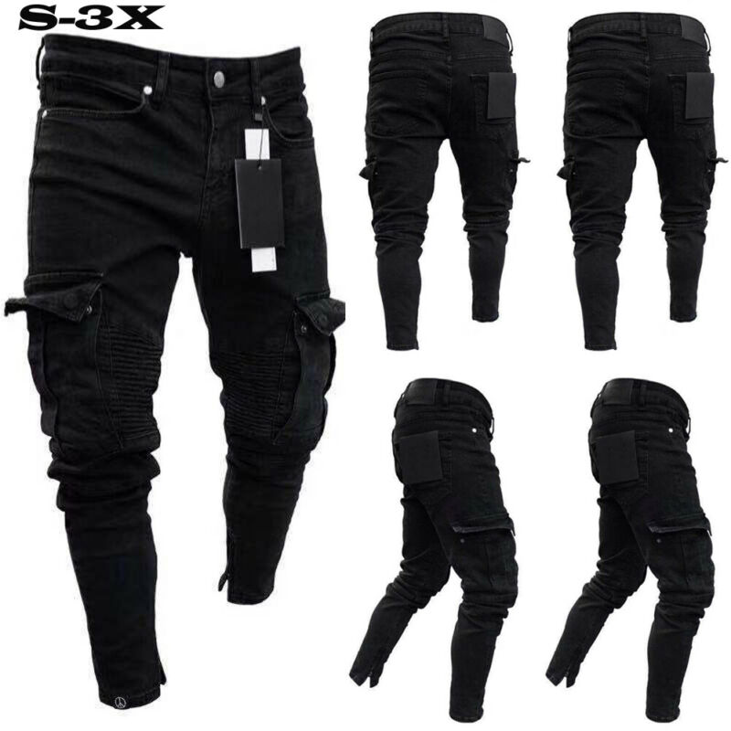 Black Jean Men Denim Skinny Biker Jeans Destroyed Frayed Slim Fit Pocket Cargo Pencil Pants Plus Size S-3XL Hip Hop