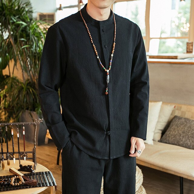 Ropa China tradicional para hombres, camisas de lino de algodón, prendas de vestir exteriores de Jack Chan Kung Fu Tai Chi, Tops de Estilo de China para hombre: Black / XL