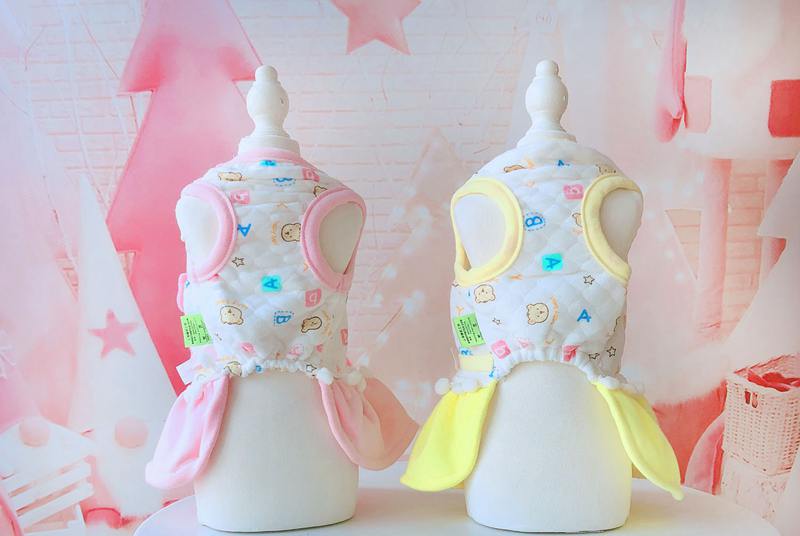 Robes chaudes pour animaux de compagnie au mignon, avec poche, matelassé en couleurs jaunes et roses, jupe épaisse pour l'automne et l'hiver