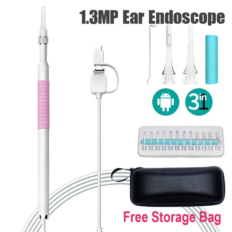 Pink USB HD Visual Ear Wax Cleaning Endoscope Spoon 5.5mm Mini Borescope Android PC Earwax Pick Tool Health Care Otoscope Camera: 1.3 Million Pixels