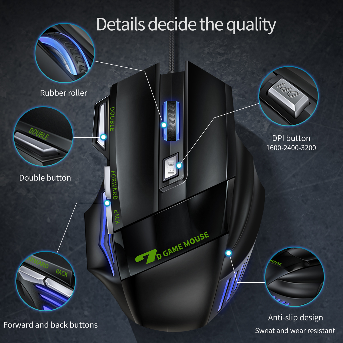 Ergonomic Wired Gaming Mouse 7 Button LED 4800 DPI USB Computer Mouse Gamer Mice Silent Mause With Backlight For PC Laptop