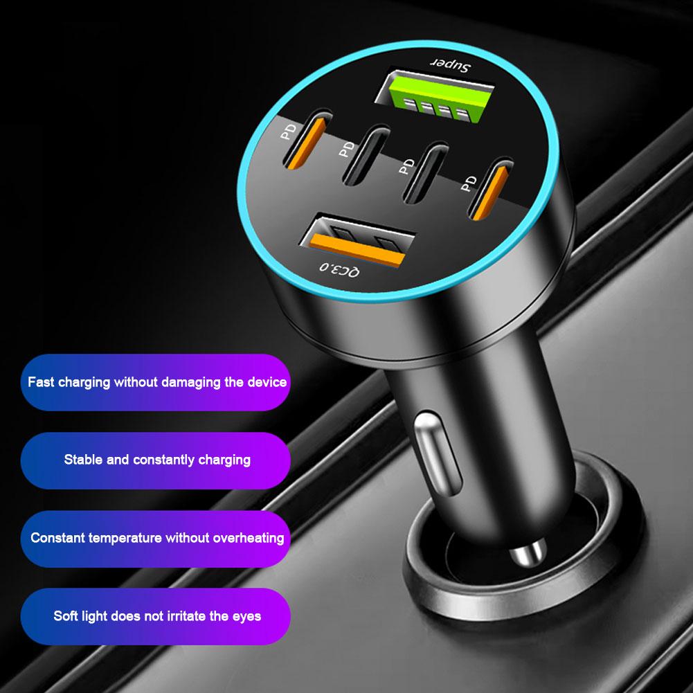 Cargador rápido para coche con pantalla Digital, 6 puertos, 4 A + 2 USB tipo C, 66W, carga rápida para Xiaomi, IPhone y