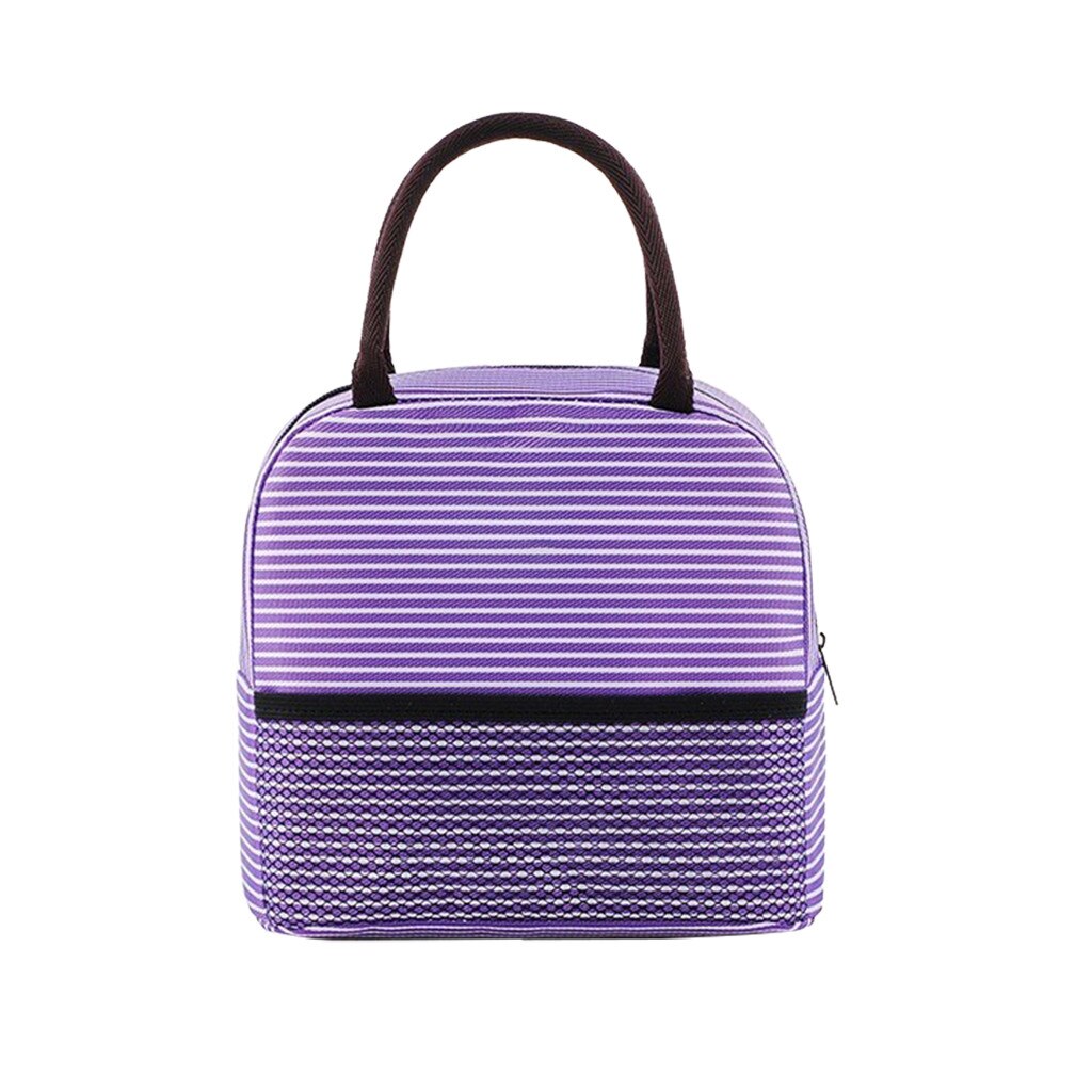 Tragbare Streifen Mittagessen Tasche Für Frauen Kinder Männer Isolierte Leinwand Box Tote Handtasche Thermische Lebensmittel Behälter Mittagessen Taschen: Purple 