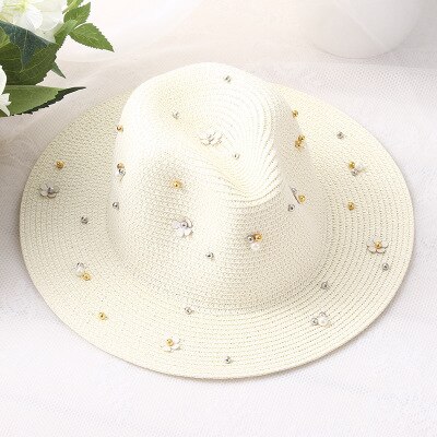 2018 Nuove Donne di Estate All'aperto Cappelli da Sole Solido Grande di Paglia Tesa Traspirante Cappello di Snapback Regolabile Della Perla di Modo Tappo Superiore Per della signora: Milk white