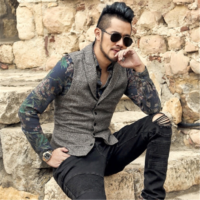 British Style Mens Tweed Waistcoat Gray Check Gentleman Vest Men's Slim Fit Vests Dress Wear