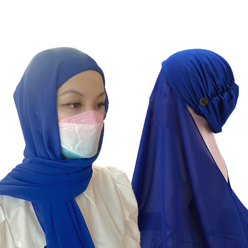 Instant Hijabs Women Bonnet With Chiffon Shawl With buttons Easy to Wear masks Stretch Hijab Cover Headwrap: color 10