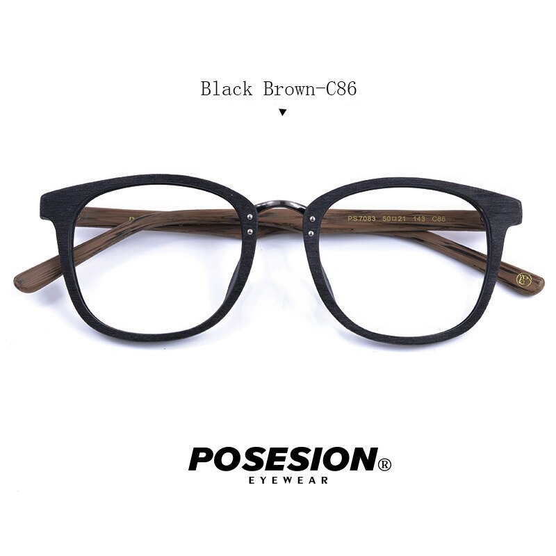 Posesion Vintage Wooden Eyeglasses Frames Wood Retro Men Women Optical Prescription Recipe Glasses Frame with Clear Lens Eyewear: Black Brown 