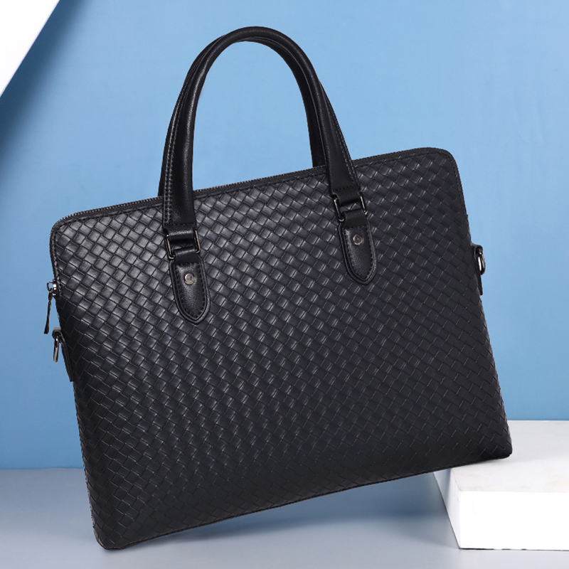 Luxury Briefcase PU Leather Men'S Executive Weave Vintage Laptop Handbags Shoulder Business Tote Document Notebook Bag Male